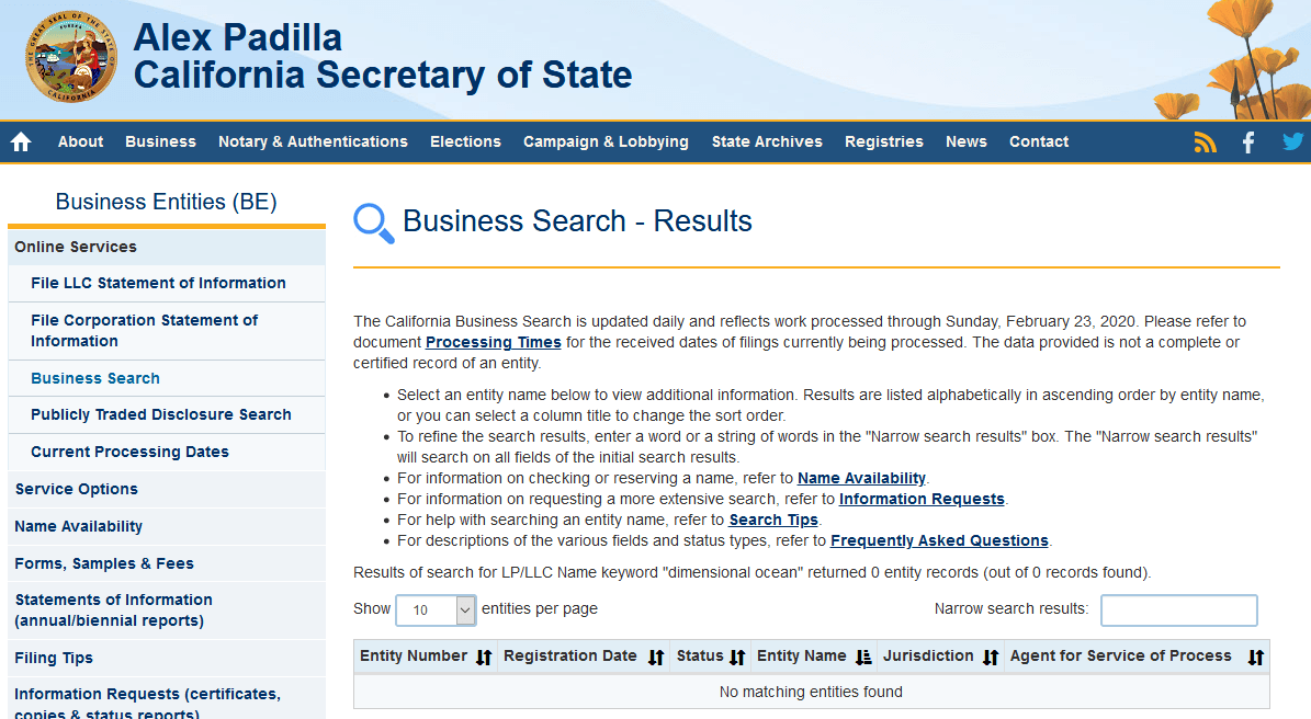 California business entity search screenshot