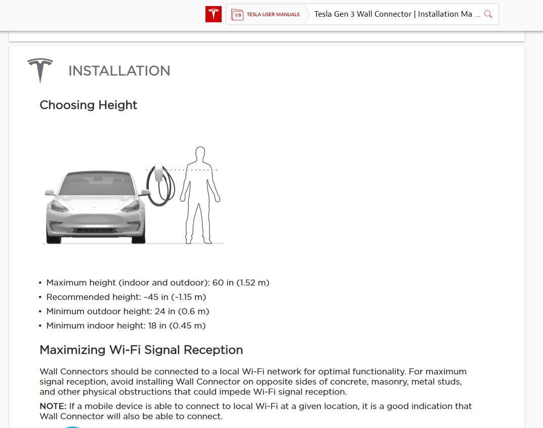 How to install tesla wall charger max and minimum height