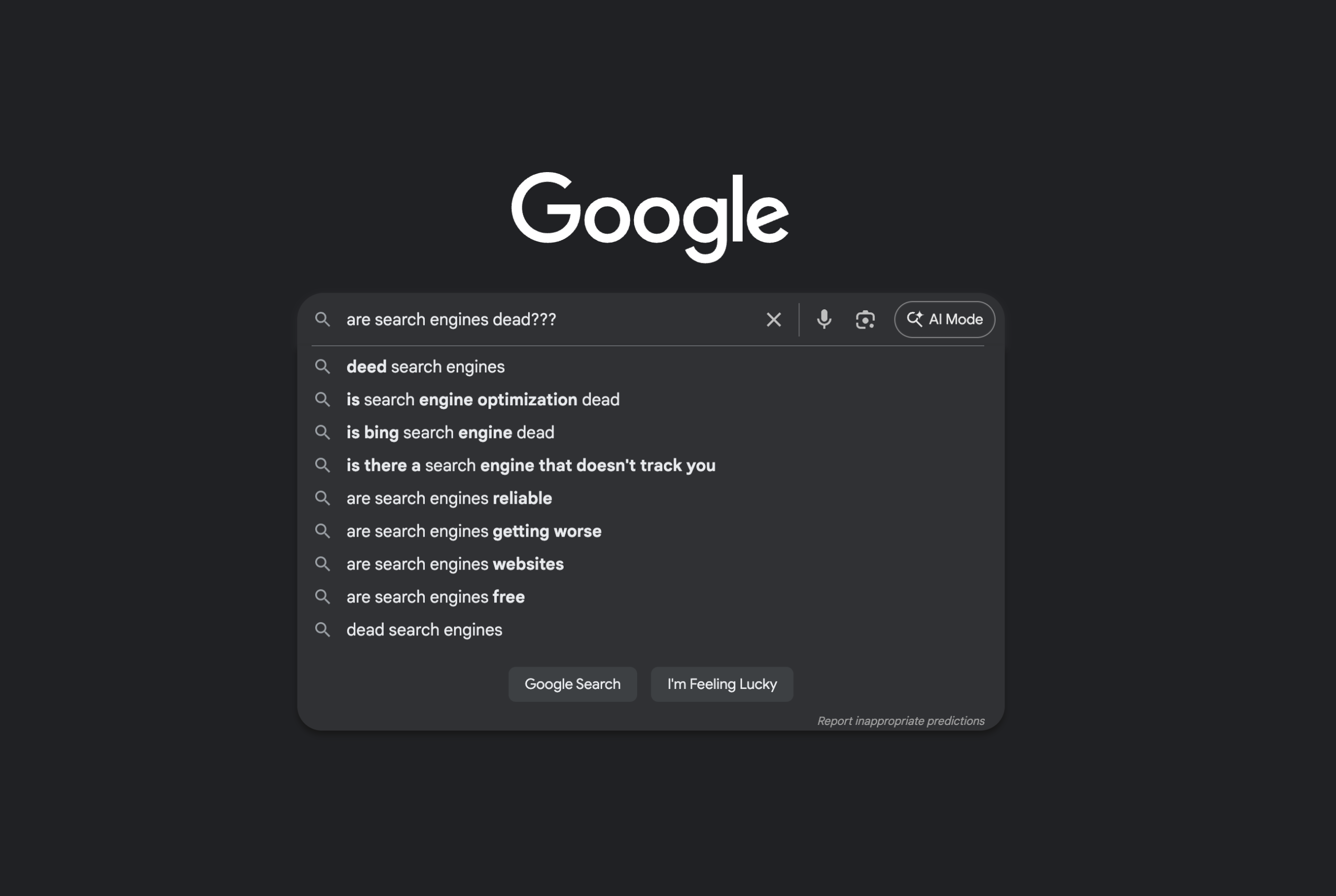 google search page with a query asking if search engines are dead